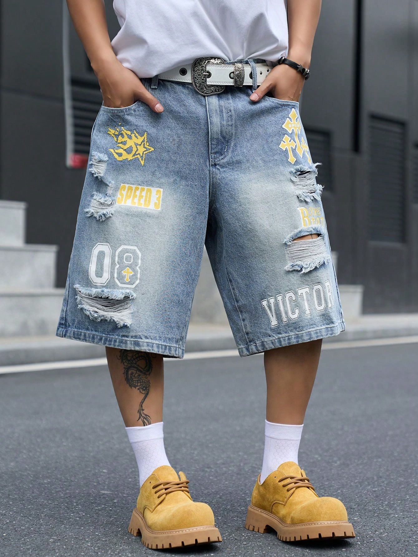 Street Fashion Art - Loszittende denim bermudashorts voor heren, vintage